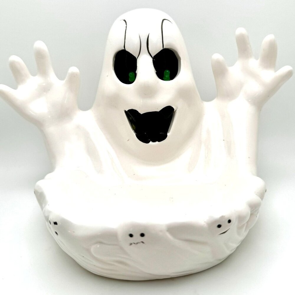 Vintage 1992 NCE Ceramic Ghost Candy Dish With Light-Up Eyes Sound